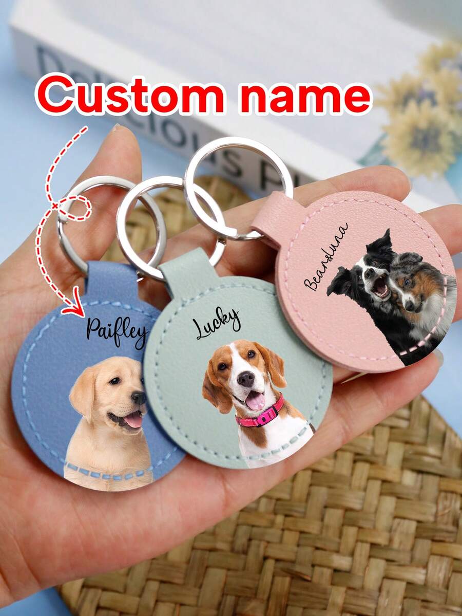 LICVIC 1/2Pcs Custom Pet Photo Keychain, Personalized Dog Cat Portrait Name Leather Picture Keyring Charm, Anniversary Memorial Loss Gift Him Her Mom Dad, Custom Round Card Hanging, Dawg, Vintage, Casual, Unisex, Hipster, Old Money, Stylish, Ideal Gifts For Him, Ideal Her, Boyfriend, Girlfriend, Family, Friends, Grandparents, Children, Her, For Birthdays, For Weddings, For Graduation, For Housewarming, Personalized Girl/Boy Back To School - Multicolor - View 1