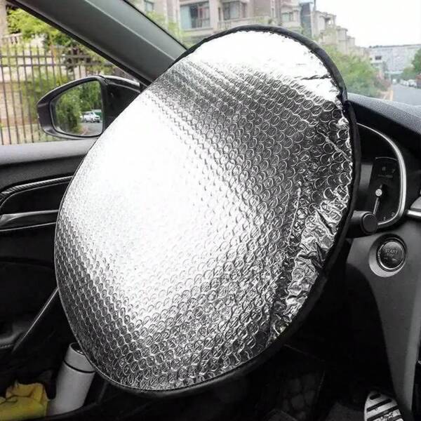 1 pieza Cubierta de volante de coche de verano de aluminio, protección de calor y anti quemaduras, cubierta plegable de película de aluminio, cubierta parasol, cubierta anti suciedad del volante del coche, cubierta del mango del coche, cubierta de volante de coche de película