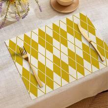 1 pièce/4 pièces/6 pièces Sets de table décoratifs pour tous les jours, sets de table en lin avec lettres, diamants et rayures jaunes, résistants à la saleté, convient pour la maison, la salle à manger et les restaurants, décoration de table, articles ménagers