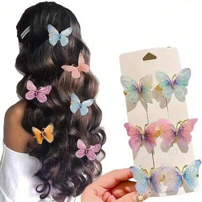 6件/12件/36件/48件蝴蝶发夹，绿色、蓝色、粉色，可爱公主风格女孩发饰，颜色随机，（无卡）