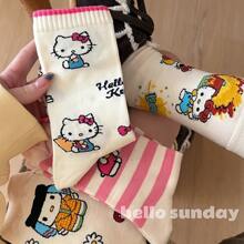 Sanrio 1Pair Sanrio For Hello Kitty & Friends Women'S Kawaii Cat Crew Socks - Cute Cartoon Designs, Breathable Polyester, Perfect For Work & Casual Wear, Available In Multiple Colors, Cute Socks