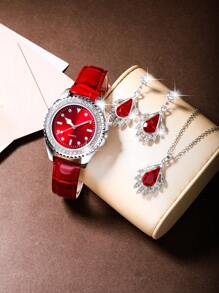 Ladies Watch Set Of 4 Women's Fashion Luxurious Quartz Watch And Necklace & Earrings Set Suitable For Women Party,Holiday,Birthday Wear Or As Sisters,The Best Gift For A Lady(No Box)
