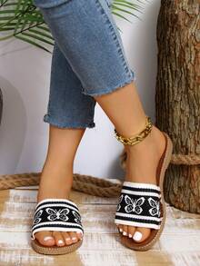 Slides For Women, Black Shoes, Butterfly Ribbed Weaving, Summer Shoes For Women, Flat, Sandals Women, Suitable For Daily Home Life, Walking Or Vacation And Other Leisure And Relaxation Scenarios - Black - View 2