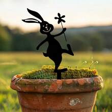2pcs Black Lovely Rabbit Metal Stakes - Perfect For Outdoor, Lawn, And Yard Decor - Black - View 2