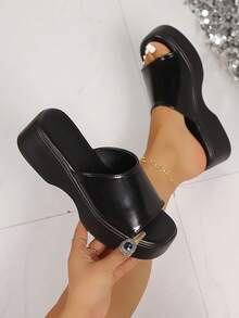 Women's Flat Slippers, Flat Sandals, New Thick-Soled Casual Comfortable Outdoor Shoes, Slip-On Sandals, Fashion Square-Toe Shoes, Solid Color Leather Beach Slippers, Retro Thick-Soled Slippers - Black Leather - View 2