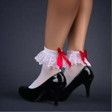 1 par de medias cortas sexy para mujer de terciopelo 100D con ribete de encaje, medias cortas transparentes con lazo negro y rojo