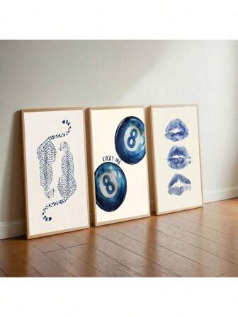 Set de 3 cuadros de pared en azul marino, póster retro de bola 8, estampado de leopardo azul, labios con beso estilo preppy, decoración de arte para dormitorio, regalo de cumpleaños y fiestas, decoración de oficina con arte enmarcado opcional
