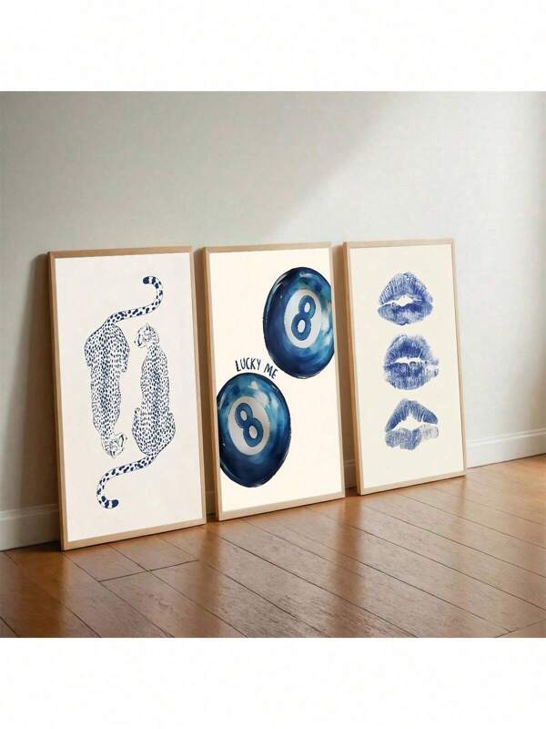 Set Of 3 Navy Wall Art Set, Retro 8 Ball Poster, Blue Cheetah Print, Kiss Lips Preppy Aesthetic, Dorm Room Decor Art Canvas Painting Holiday & Birthday Gift, Office Decoration Arranged Artwork Optional Frame Coastal Decor Coastal Decor Beach Decor ,Wall Art With Frame