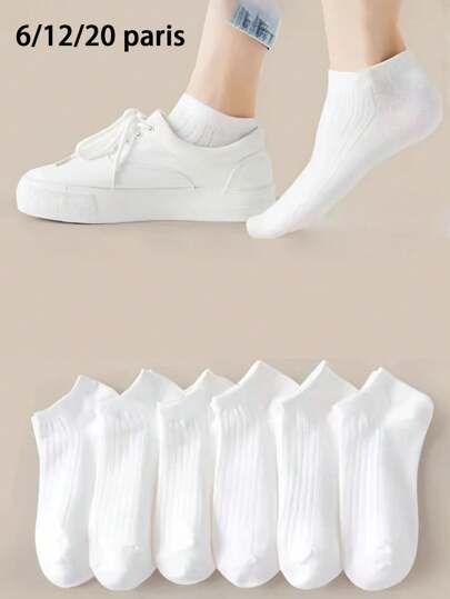 6pcs/12pcs/20pcs Men/Women Vertical Striped Socks, White Color Thin Casual Ankle Socks, Couple Sport Socks, Versatile Summer