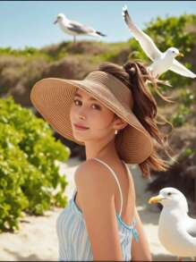 1 Peça Chapéu de Praia Elegante de Palha Boêmio Bege para Mulheres - Chapéu de Praia Dobrável com Detalhe de Laço, Proteção Solar, Ajuste Regulável para o Dia das Mães, Passeios Casuais e Férias | Textura Trançada em Bege, Cáqui, Preto (Fácil Armazenamento)