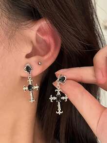 1 Pair Punk Rock Style Cross Pendant Earrings, Unique Black Artificial Crystal Earrings For Women - Silver - View 10