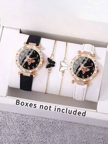 4/1 件优雅女孩蝴蝶圆形表盘石英手表套装，配蝴蝶手链，适合女孩的生日礼物，适合母亲节送给妈妈的礼物，适合度假、返校、毕业佩戴 - 彩色 - 查看 7