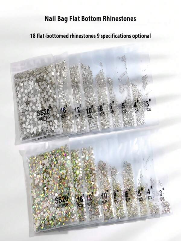 1,440 High-Quality, Super-Sparkling Nail Art Diamonds, Packaged In Bags. These Include Flat-Bottomed, Small Round Diamonds With Exceptional Sparkle, Transparent White Glass Rhinestones That Exhibit A Dazzling Shine, As Well As Nail Art Diamond Ornaments, Accessories, Stickers, Charms, And Gems. All Items Are Designed To Enhance Nail Art Creativity And Are Essential Supplies For Professional Nail Artists.