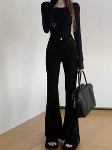 2025春夏复古新款女式长款休闲喇叭牛仔裤 - 黑色 - 查看 1