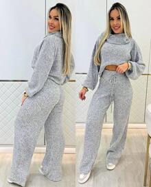 Women's Mousse Knit Set Wide Leg Pantaloons And Cropped Top Aerolook Autumn Winter - 灰色 - 查看 2