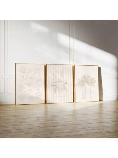 海岸美学印花三件套，海滩印花，海岸壁画，贝壳印花，在海滩遇见我帆布画，节日和生日礼物，办公室装饰布置艺术品可选框架