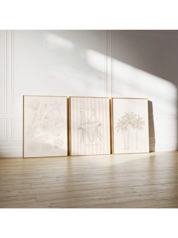 Juego de 3 impresiones costeras, arte de pared costero, impresión de conchas marinas, pintura en lienzo "Reúnete conmigo en la playa" como regalo de vacaciones y cumpleaños, decoración de oficina con opción de marco