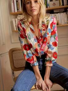 Women's Floral Print Button Front Shirt, Boho Tropical Style, Casual Long Sleeve Shirt, All Season, Daily Wear, Women's Clothing Fitted Top - 紅色 - 查看 2