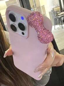 غطاء هاتف وقاية كاملة الجسم ناعمة مزين بخرزات التوالي الوردية ونقشة اللي 3D الكرتونية الجميلة، متوافق مع هواتف آيفون 15 و 16 برو ماكس و 14 و 13 و 12 و 11 و XR