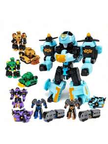 1pc Kids Transforming Robot Car Toy, Manually Transforms Into Airplane/Tank, Cartoon Robot Design, Educational Toy Gift For Boys Room Decoration Christmas Gifts Color Block Color Blocks - Multicolor - View 4