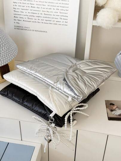 Slouchy Soft Fabric Fastener Closure 16" And 11" Solid Color Simple Laptop Sleeve Bag With Bow Decor, Home, Travel, Portable School Supplies, Back To School