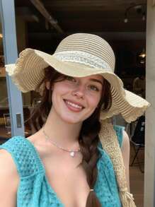 1 Peça Chapéu de Palha de Abas Largas Bege e Caqui Dobrável para Mulheres - Chapéu de Praia de Verão Elegante Boêmio com Detalhes em Renda, Design Fácil de Empacotar para o Dia das Mães, Passeios Casuais, Viagens e Atividades ao Ar Livre | Fita para o Queixo Ajustável Bicolor, Proteção UV Leve e Respirável