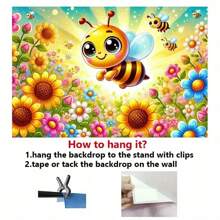 1pz, 2D Banner Happy Bees And Vibrant Flowers Decorative Wall Hangings, Bedroom Polyester Mulch Home Office Outdoor/Holiday Decorations, Holiday Gifts, Happy Birthday Party Background Cloth Photo And Photography Props Decorative Banner Flags