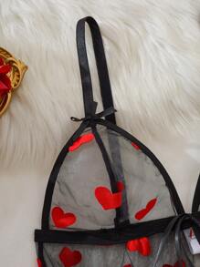 2pcs Women's Lingerie Set: Floral Mesh Robe With Front Tie Bow Accent And Nightgown