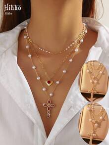 Hihho 3 件套个性化欧式十字架吊坠多层可调节项链，适合女士，镶嵌闪亮锆石，仿珍珠链，适合日常佩戴、送礼和派对 - 金黃色 - 查看 1