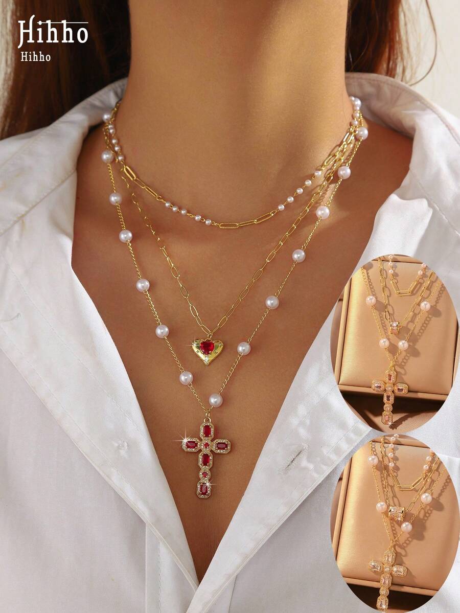 Hihho 3 件套个性化欧式十字架吊坠多层可调节项链，适合女士，镶嵌闪亮锆石，仿珍珠链，适合日常佩戴、送礼和派对 - 金黃色 - 查看 1