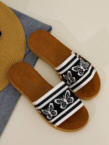 Slides For Women, Black Shoes, Butterfly Ribbed Weaving, Summer Shoes For Women, Flat, Sandals Women, Suitable For Daily Home Life, Walking Or Vacation And Other Leisure And Relaxation Scenarios - Black - View 7