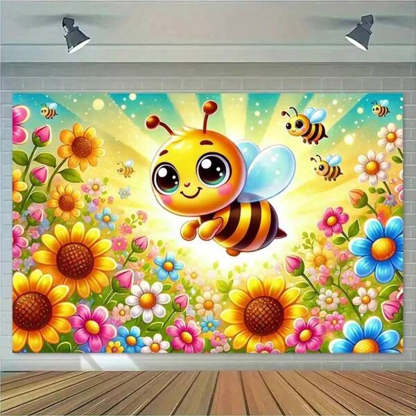 1pz, 2D Banner Happy Bees And Vibrant Flowers Decorative Wall Hangings, Bedroom Polyester Mulch Home Office Outdoor/Holiday Decorations, Holiday Gifts, Happy Birthday Party Background Cloth Photo And Photography Props Decorative Banner Flags