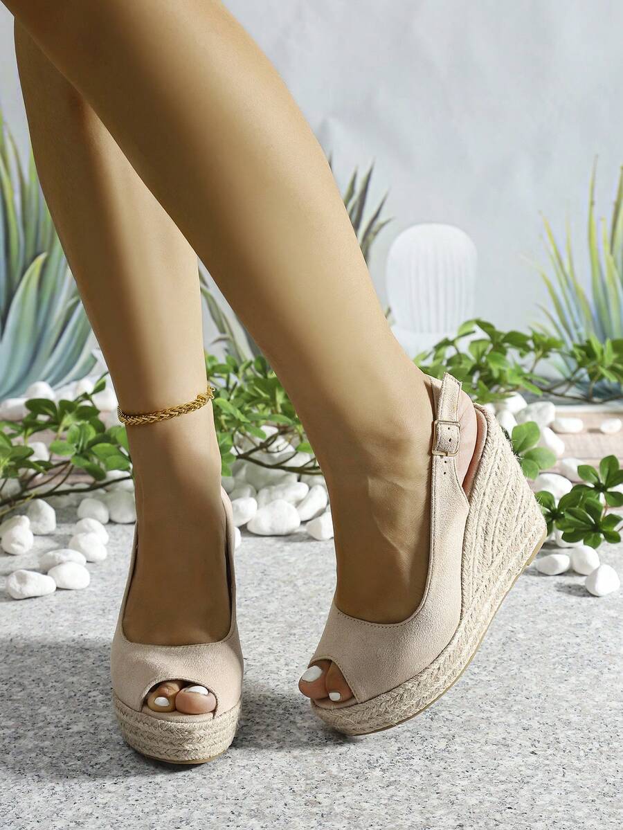 Sandal đế xuồng hở mũi đế dày dệt cao gót thời trang thường ngày - Nhung mơ - Xem 1