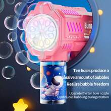 Pistola de burbujas con estilo mecánico de 10 orificios, creador automático de burbujas con luz LED, apropiado para juego con agua interior/exterior, fiestas y regalos de cumpleaños (pilas y solución de burbujas no incluidas)