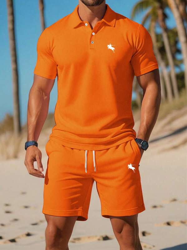Ensemble décontracté d'été pour homme, avec polo à manches courtes imprimé chevalier et short