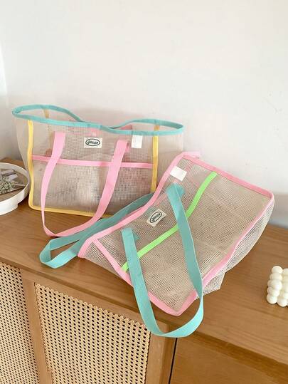 大容量条纹网眼沙滩包，带口袋 - 涤纶旅行手提包，适合游泳、浴室收纳，可手洗，粉色和黄色条纹设计，宽敞的空间，适合所有年龄段的沙滩配件