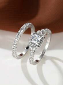 1 Set Elegant White Gold & Navy Zirconia Luxurious Couple/Wedding/Party Rings