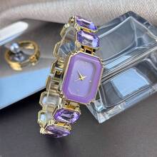 1 pieza Reloj de cuarzo de moda con caja rectangular, esfera con brillo de azúcar, bisel con cristales de imitación y escala con cristales para mujer - Morado - Ver 4