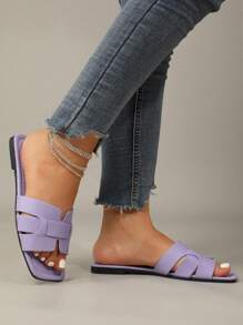 Women's Spring Summer Casual Sandals | Purple Embossed Cross Strap Square Toe Flat Slippers | Ripped Jeans & Floral Dresses Friendly | Versatile Beach Shoes ( Size 35-43 )