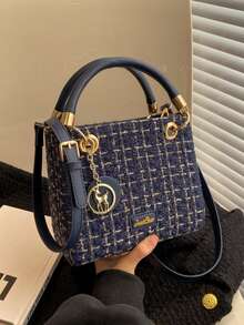 Fashionable,Minimalist,Casual,Mini Square Bag Plaid With Bag Charm For Girl, Teen Girls