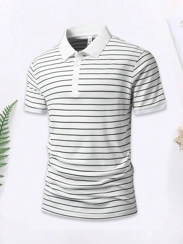 1pc Men's Summer Sporty Polo Shirt, Button Collar Striped Casual Short Sleeve, Breathable Fabric, Suitable For Outdoor Sports, Golf, Holiday Trips