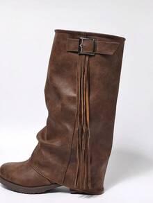 2025秋冬季棕色流苏装饰搭扣套脚厚底低跟圆头优雅百搭舒适时尚休闲/工作中筒靴女款，西部靴，牛仔靴 - 棕色 - 查看 6