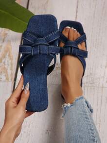 Women's Flat Square Toe Criss-Cross Strap Sandals, Camouflage & Solid Color, Fashion Elegant Fabric Bowknot Slippers For Indoor & Outdoor, Spring/Summer