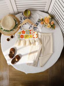 Baby Girl Elegant Crochet Panel Apricot Color Camisole Top And Pants Set, Casual Vacation Summer New Arrival