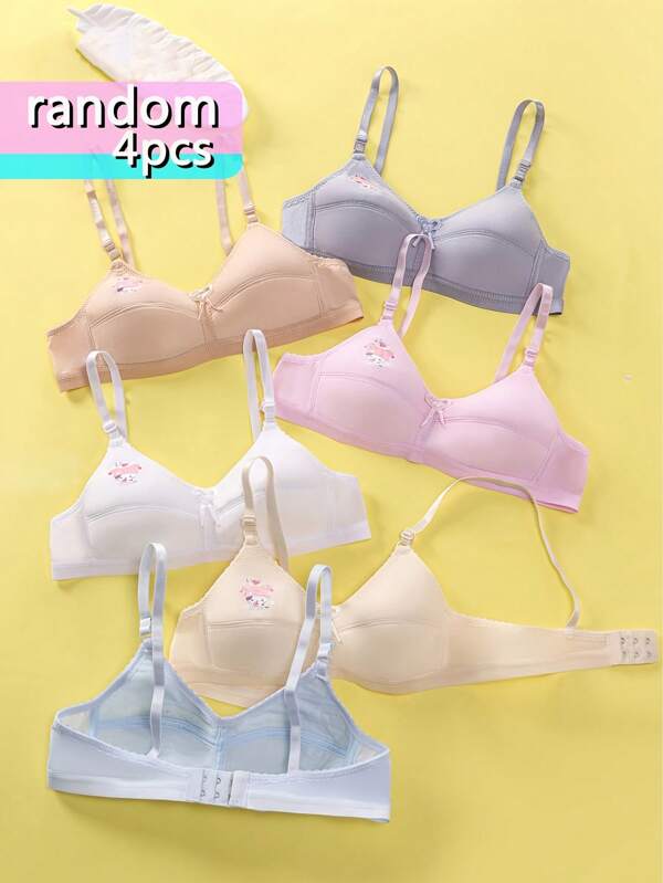 VKELUV 4 pièces de soutiens-gorge réglables et confortables pour filles, en tissu tricoté avec impression de dessin animé mignon et unie, décoration cœur 3D, sans armature