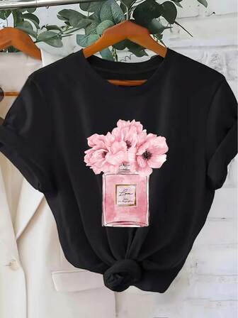 女式纯色圆领短袖休闲花卉香水印花宽松T恤