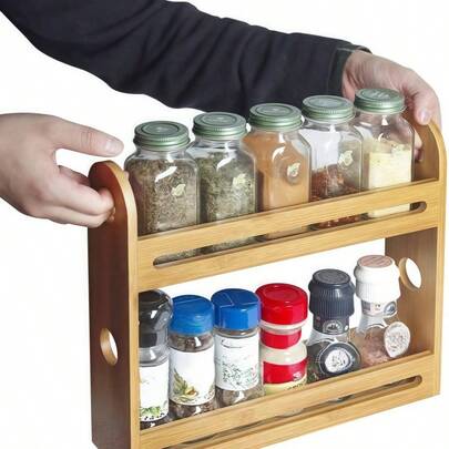 Dual-Layer Bamboo & Wood Spice Rack, Multi-Purpose Countertop Storage Organizer, Suitable For Kitchen And Bathroom, Spice Jar Holder, Spice Organizer, Functional Kitchen Countertop Home Decor Accessory, Practical Shelving Unit