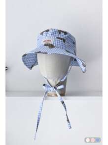 1 pièce Chapeau seau à large bord avec un design mignon d'ours en peluche à carreaux, chapeau d'été polyvalent de protection contre le soleil pour femmes