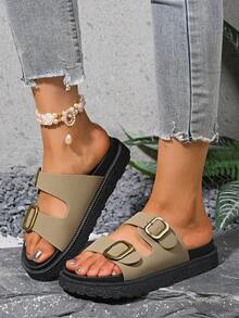 女士夏季新款时尚双扣百搭凉鞋，朋克荒原风格粗皮带扣凉鞋，卡其色厚底拖鞋，透气防滑休闲沙滩拖鞋，露趾中跟沙滩软底鞋，罗马凉鞋