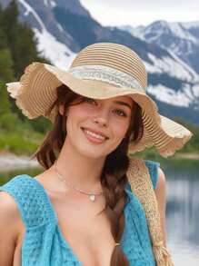 1 Peça Chapéu de Palha de Abas Largas Bege e Caqui Dobrável para Mulheres - Chapéu de Praia de Verão Elegante Boêmio com Detalhes em Renda, Design Fácil de Empacotar para o Dia das Mães, Passeios Casuais, Viagens e Atividades ao Ar Livre | Fita para o Queixo Ajustável Bicolor, Proteção UV Leve e Respirável